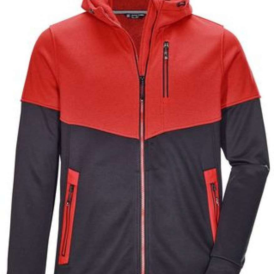 Killtec Powerstretch Jacket 2022 - A red, black, and grey jacket with a hood, featuring two zippered pockets on the front.