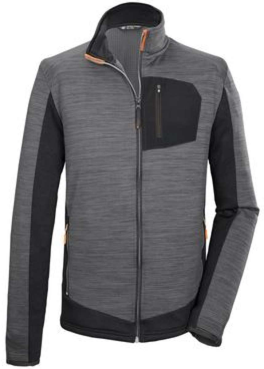 Killtec Powerstretch Flex Jacket 2024 - A gray jacket with a zippered chest pocket and orange accents on the zipper and collar.