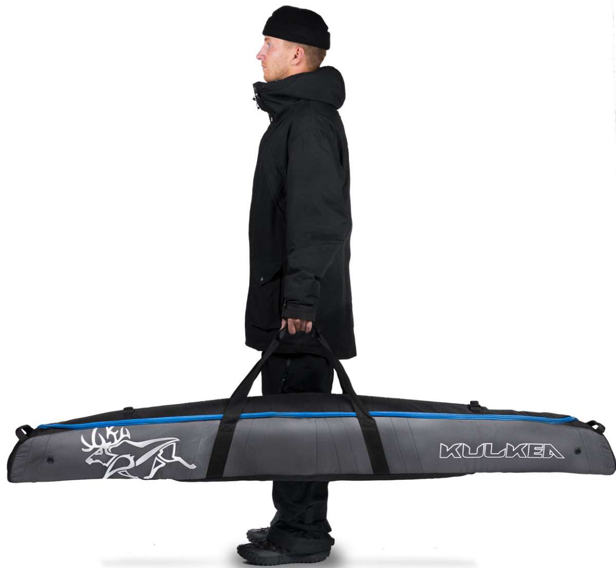 Kulkea Kantaja Ski Bag 2022-2023 - A gray ski bag with a blue stripe and white logo, featuring two caribou silhouettes.
