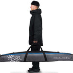 Kulkea Kantaja Ski Bag 2022-2023 - A gray ski bag with a blue stripe and white logo, featuring two caribou silhouettes.
