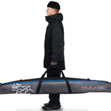 Kulkea Kantaja Ski Bag 2022-2023 - A gray ski bag with a blue stripe and white logo, featuring two caribou silhouettes.