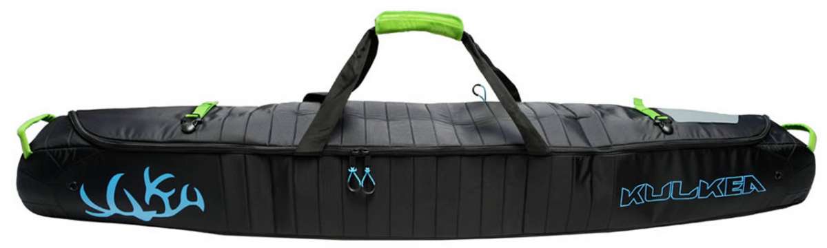 Kulkea Kantaja Ski Bag 2022-2023 - Black ski bag with blue logo and lime green zipper pulls.