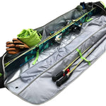 Kulkea Kantaja Ski Bag 2022-2023 - A large, gray ski bag with a zippered opening and two green straps on the front.