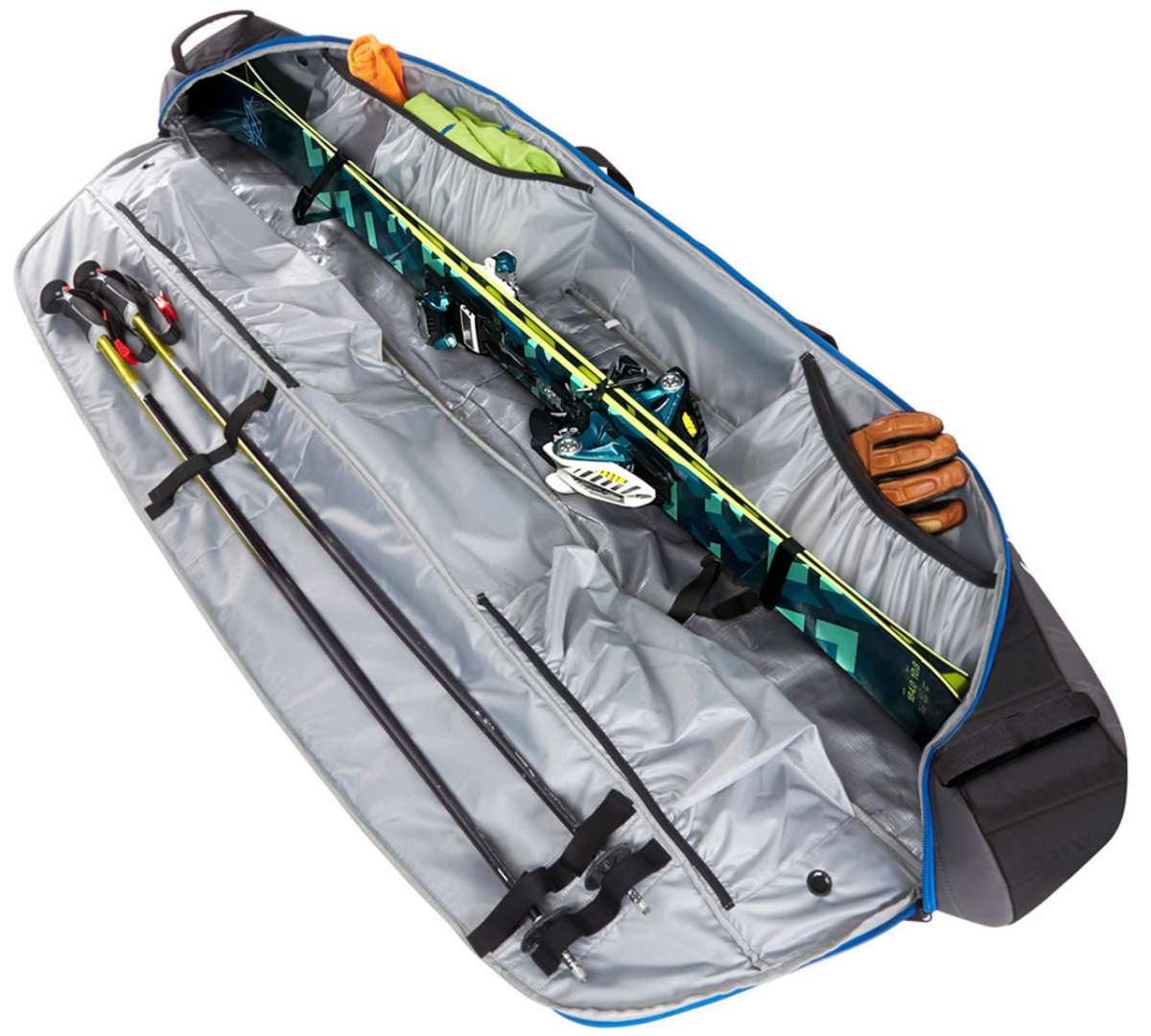 Kulkea Kantaja Ski Bag 2022-2023 - Large, gray ski bag with a zippered top and two black wheels on the bottom.