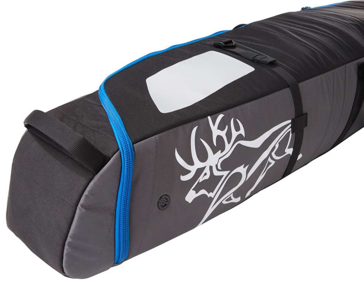 Kulkea Kantaja Ski Bag 2022-2023 - A black ski bag with a white logo featuring an elk's head and antlers on its side.
