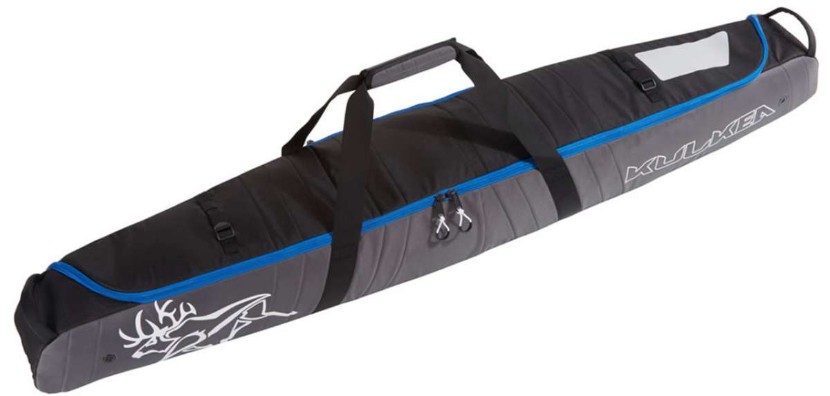 Kulkea Kantaja Ski Bag 2022-2023 - Black ski bag with white logo on front and blue accents.