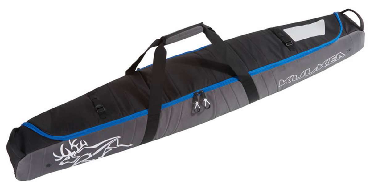 Kulkea Kantaja Ski Bag 2024 - Black ski bag with white logo and blue zipper.