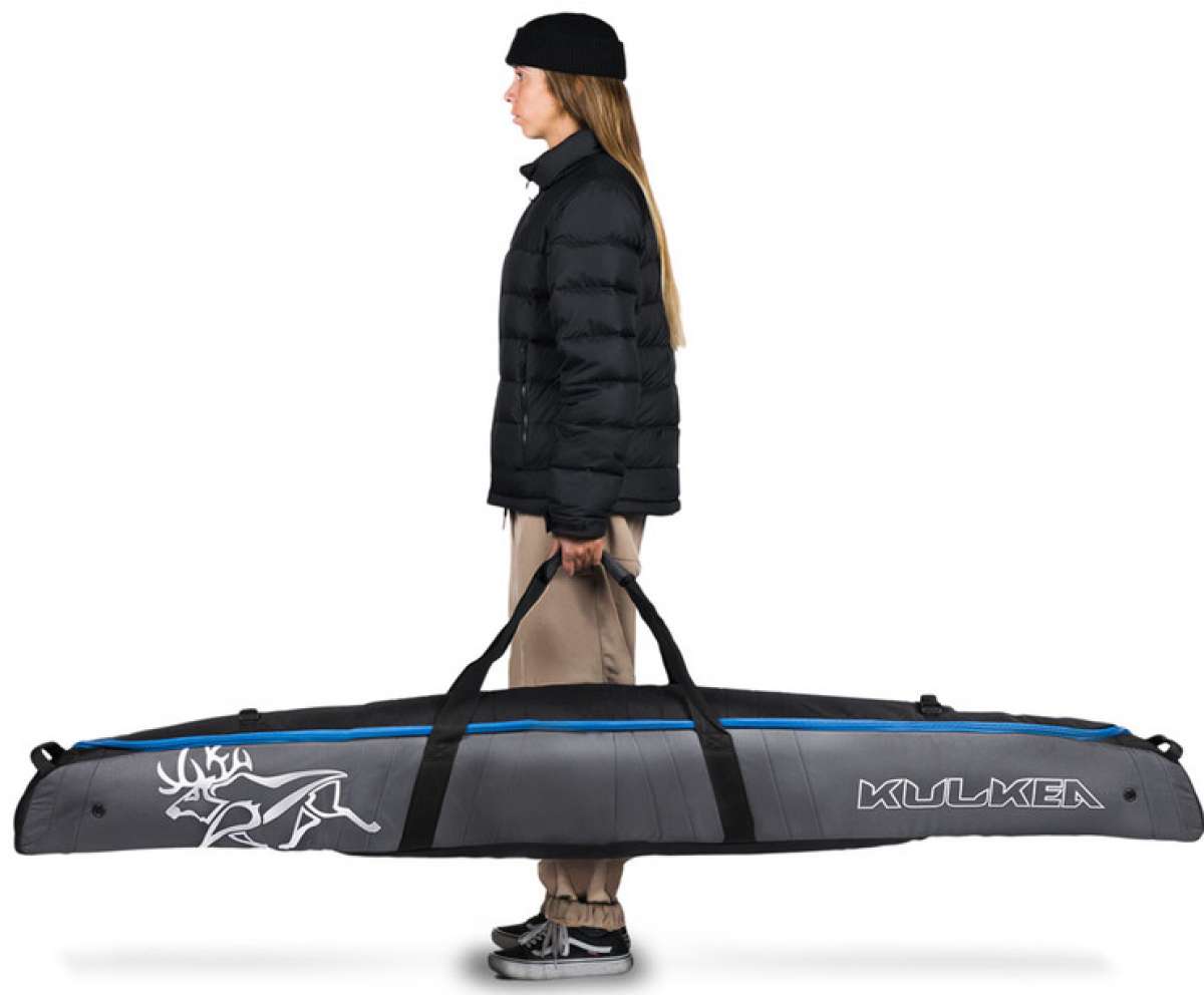 Kulkea Kantaja Ski Bag - A black ski bag with a white logo of a reindeer carrying skis on its back, featuring two zippered compartments and a handle.