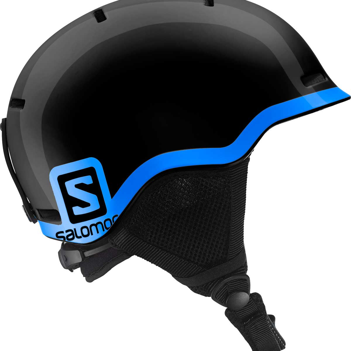 Salomon Juniors' Grom Helmet 2020 - A black helmet with a blue stripe and a white Salomon logo on the side.