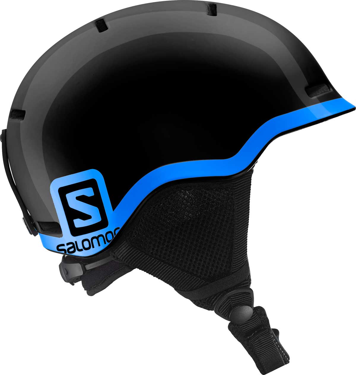 Salomon Juniors' Grom Helmet 2020 - A black helmet with a blue stripe and a white Salomon logo on the side.