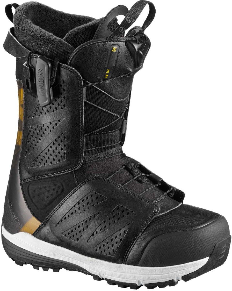 Salomon Men's Hi-Fi Zonelock Snowboard Boot 2018-2019 - Black snowboard boots with yellow accents and a white sole.