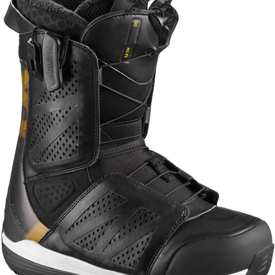 Salomon Men's Hi-Fi Zonelock Snowboard Boot 2018-2019 - Black snowboard boots with yellow accents and a white sole.