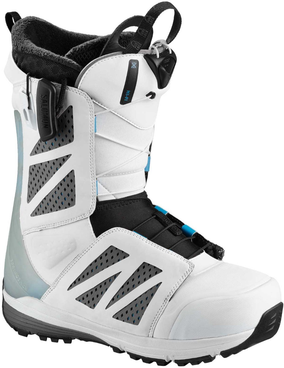 Salomon Men's Hi-Fi Zonelock Snowboard Boot 2018-2019 - A white snowboard boot with black laces and a blue accent on the side.