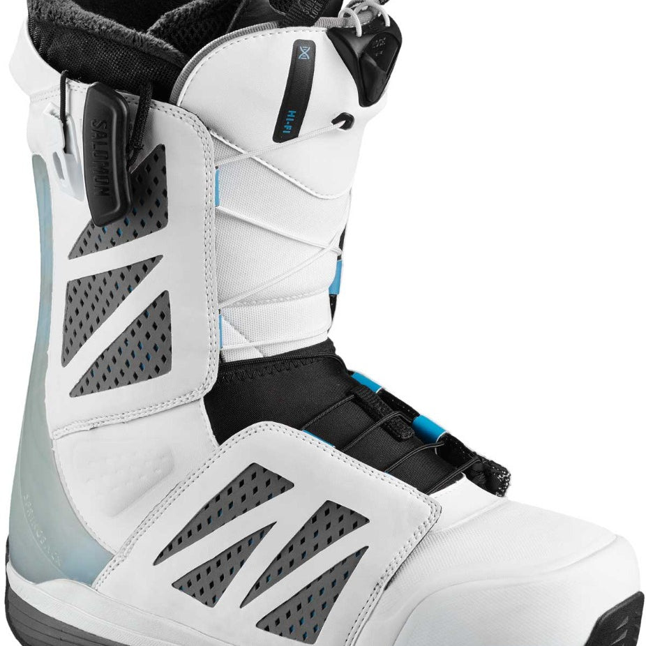 Salomon Men's Hi-Fi Zonelock Snowboard Boot 2018-2019 - A white snowboard boot with black laces and a blue accent on the side.