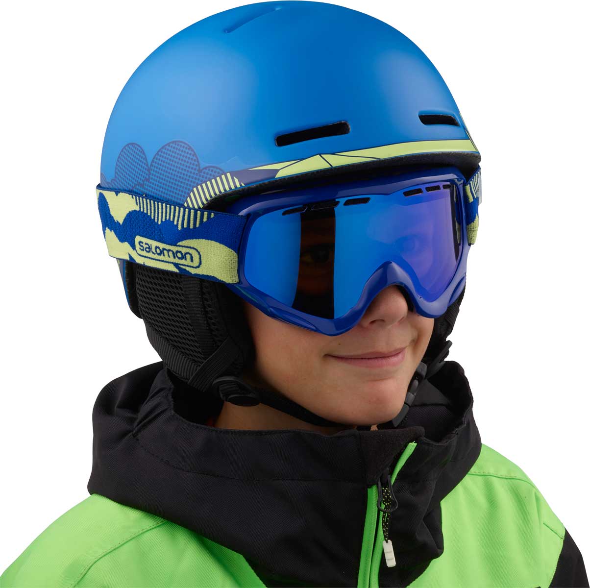 Salomon Juniors' Grom Helmet 2020 - A blue helmet with a white logo on the side and a chin strap.