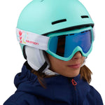 Salomon Juniors' Grom Helmet 2020 - A mint green helmet with a white strap and red logo on the side.