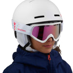 Salomon Juniors' Grom Helmet 2020 - A white helmet with a pink logo on the side and a chin strap.