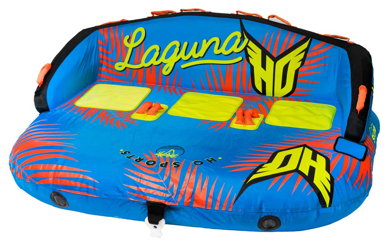 HO Sports x Ski Pro Laguna 3 Person Tube 2021 - A blue tube with a palm tree design and three handles, one on each side and one in the middle.