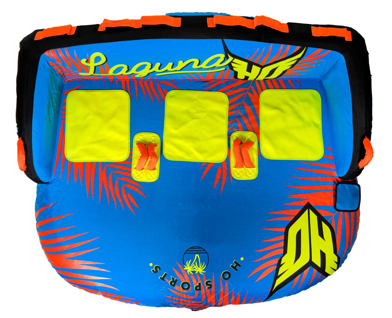 HO Sports x Ski Pro Laguna 3 Person Tube 2021 - Blue tube with yellow and black accents, featuring a palm tree design on the front.