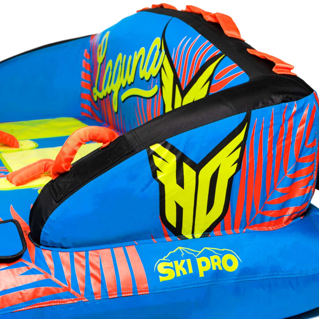 HO Sports x Ski Pro Laguna 3 Person Tube 2021 - A blue tube with yellow and red accents, featuring a palm tree design on its side.