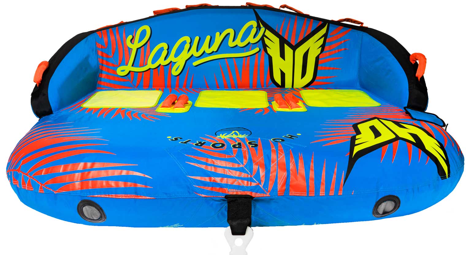 HO Sports x Ski Pro Laguna 3 Person Tube 2021 - Blue tube with yellow and red accents, featuring a palm tree design on its side.