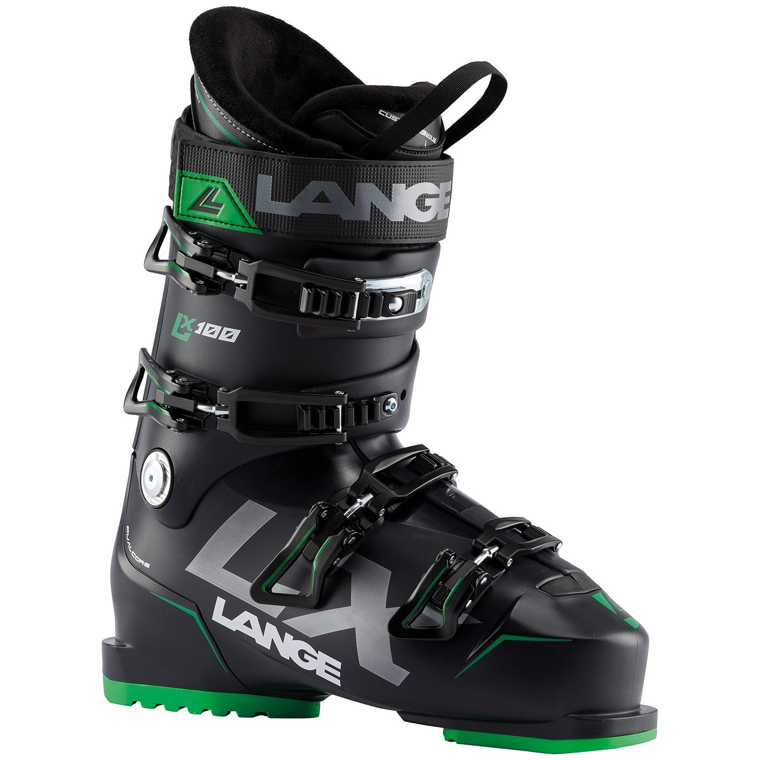Lange LX 100 Ski Boots 2020 - Black ski boots with silver buckles and green accents.