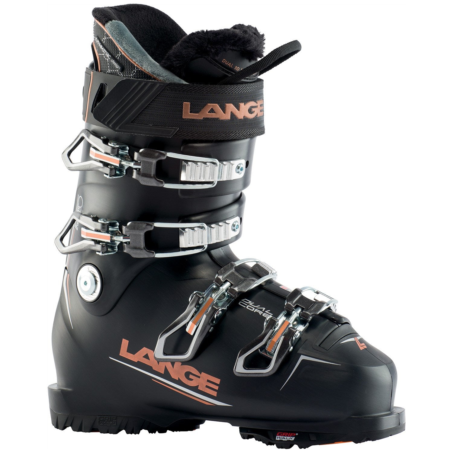 Lange Women's RX 80 GW Ski Boots 2022 - Black ski boots with silver buckles and straps.