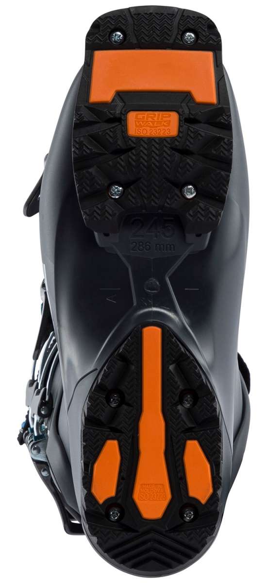 Lange Women's LX 75 HV Ski Boots 2024 - Black ski boots with silver buckles and a textured, rubber-like material on the toe box.