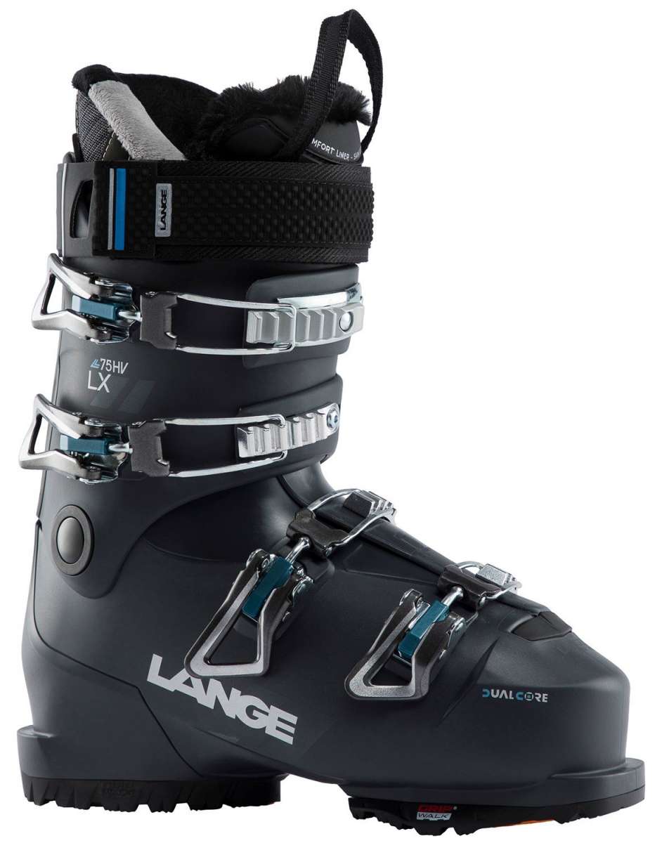 Lange Women's LX 75 HV Ski Boots 2024 - Black ski boots with silver buckles and straps.