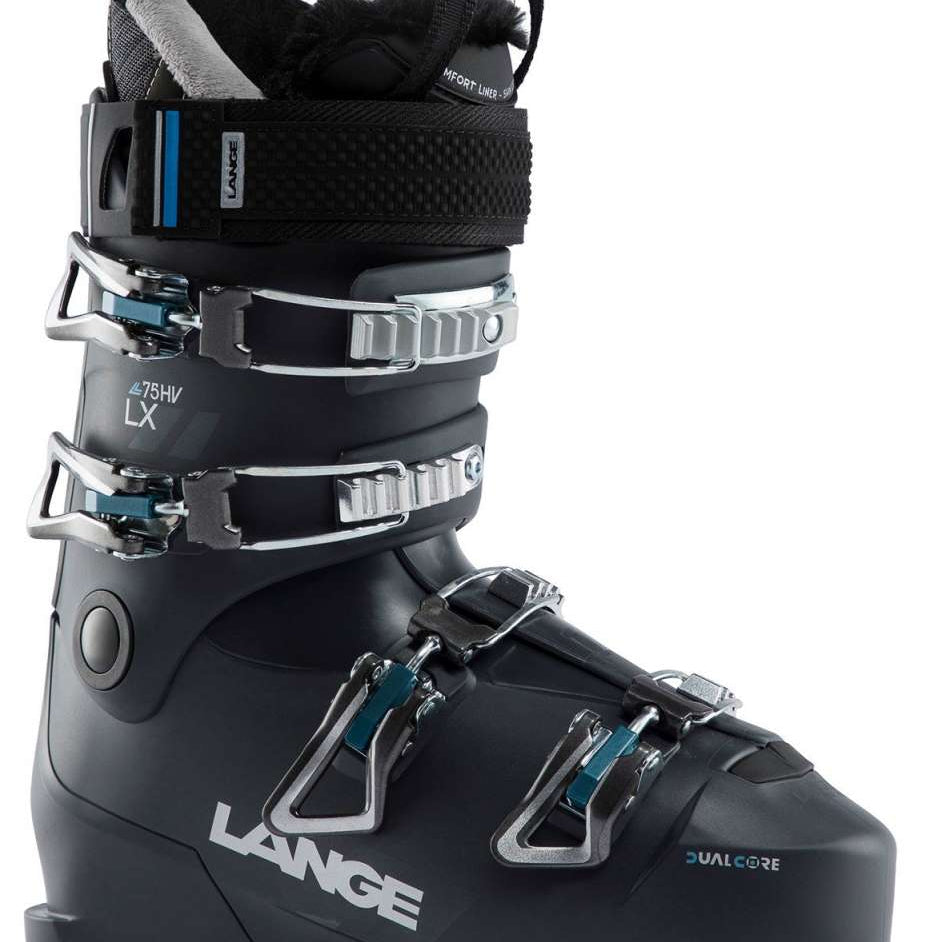 Lange Women's LX 75 HV Ski Boots 2024 - Black ski boots with silver buckles and straps.
