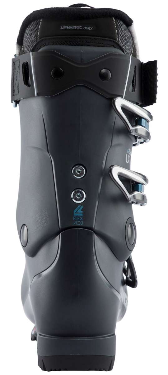 Lange Women's LX 75 HV Ski Boots 2024 - Black ski boots with silver buckles and white stitching.