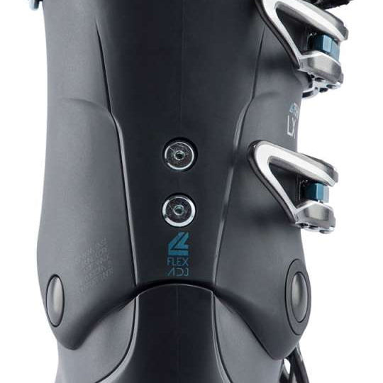 Lange Women's LX 75 HV Ski Boots 2024 - Black ski boots with silver buckles and white stitching.