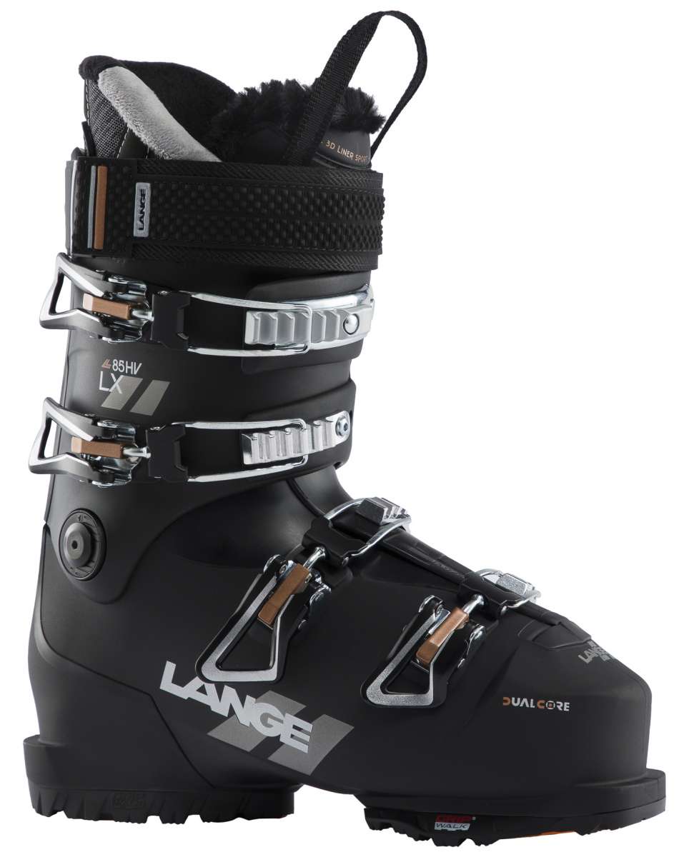 Lange Women's LX 85 HV Ski Boots 2024 - Black ski boots with silver buckles and straps.