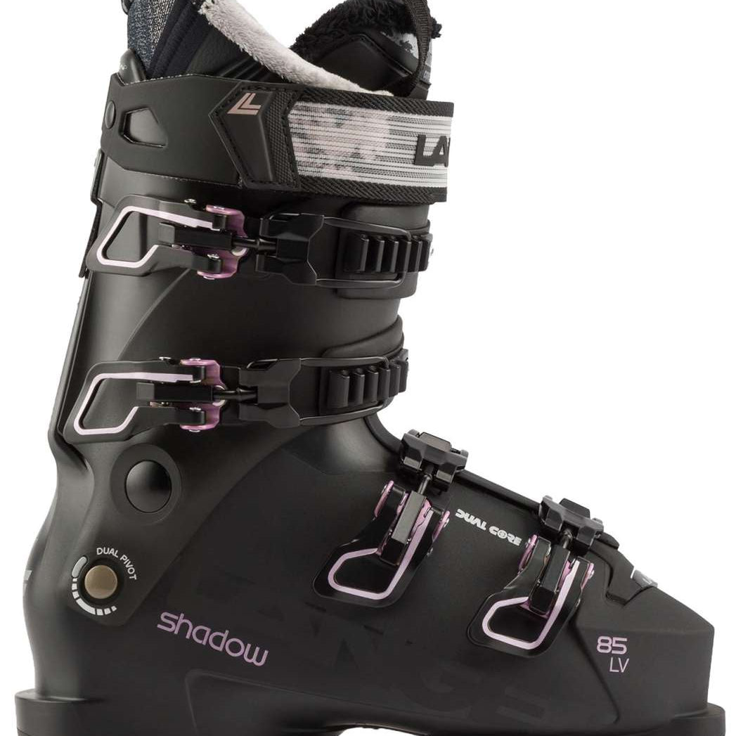 Lange Women's Shadow 85 LV Ski Boots 2024 - Black ski boots with white accents and a textured pattern on the tongue.