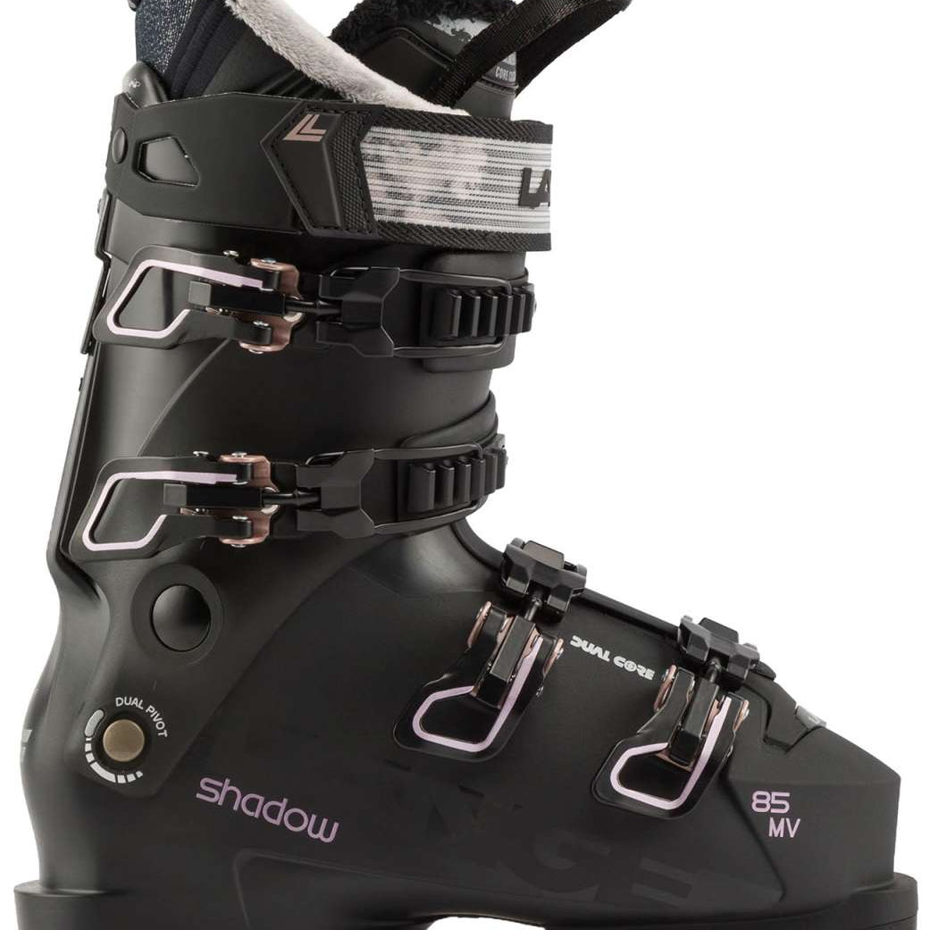Lange Women's Shadow 85 MV Ski Boots 2024 - Black ski boots with white accents and a textured pattern on the tongue.