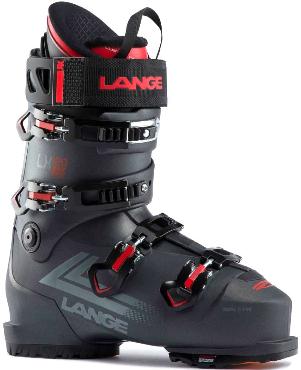 Lange LX 120 HV Ski Boot 2023 - Black ski boot with red accents and silver buckles.