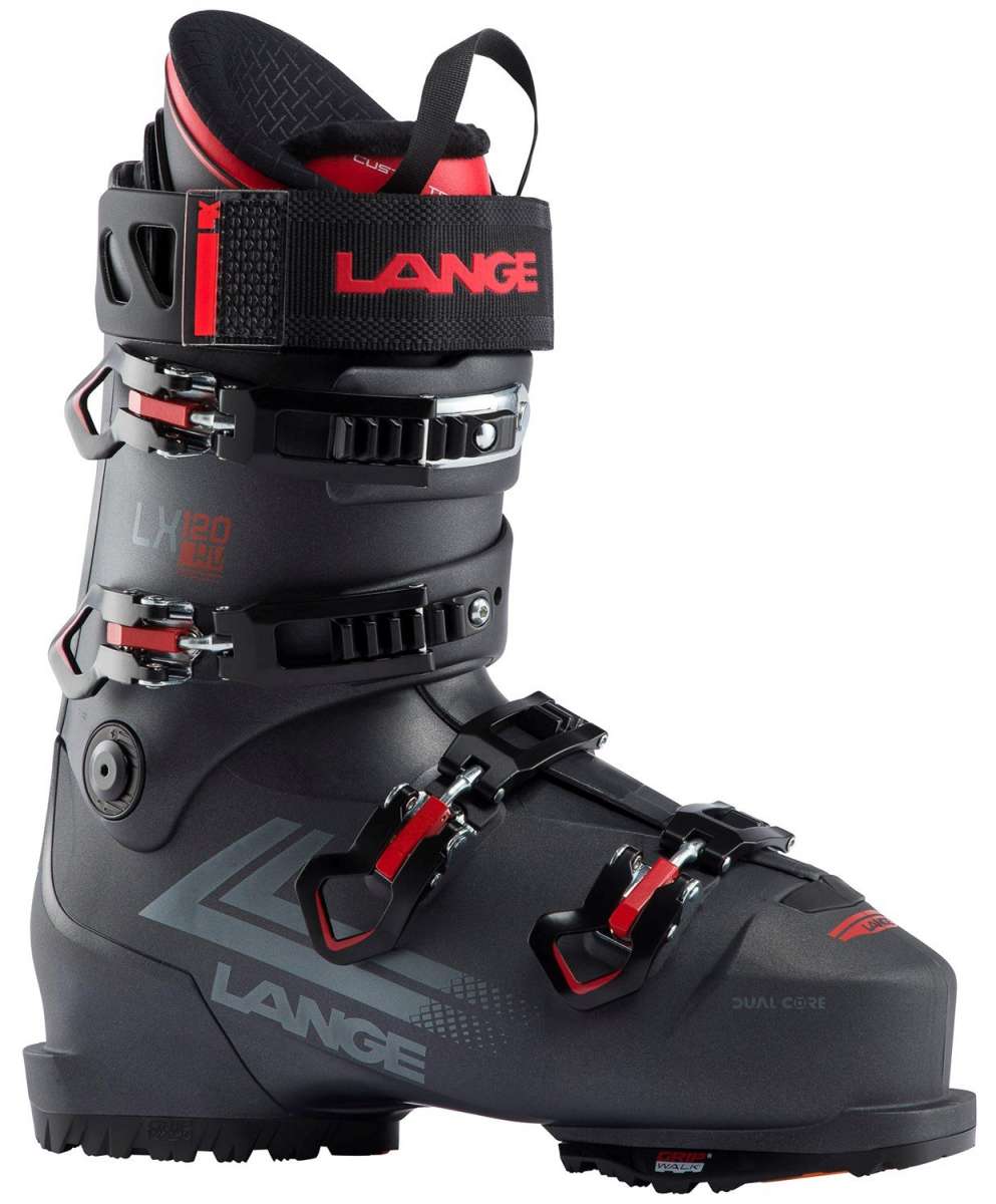 Lange LX 120 HV Ski Boots 2024 - Black ski boots with red accents and silver buckles.