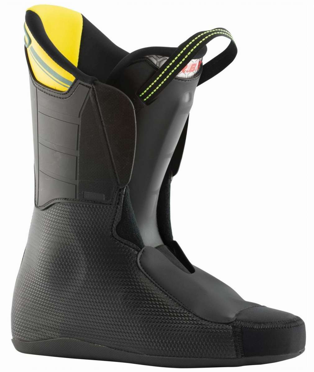 Lange Rx 110 LV Ski Boot 2023 - A black ski boot with a yellow and blue stripe on top of the tongue.