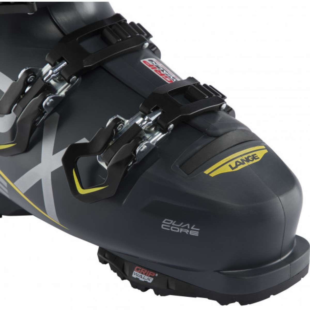 Lange RX 110 MV Ski Boot 2023 - Black ski boot with silver accents and a white logo on top.