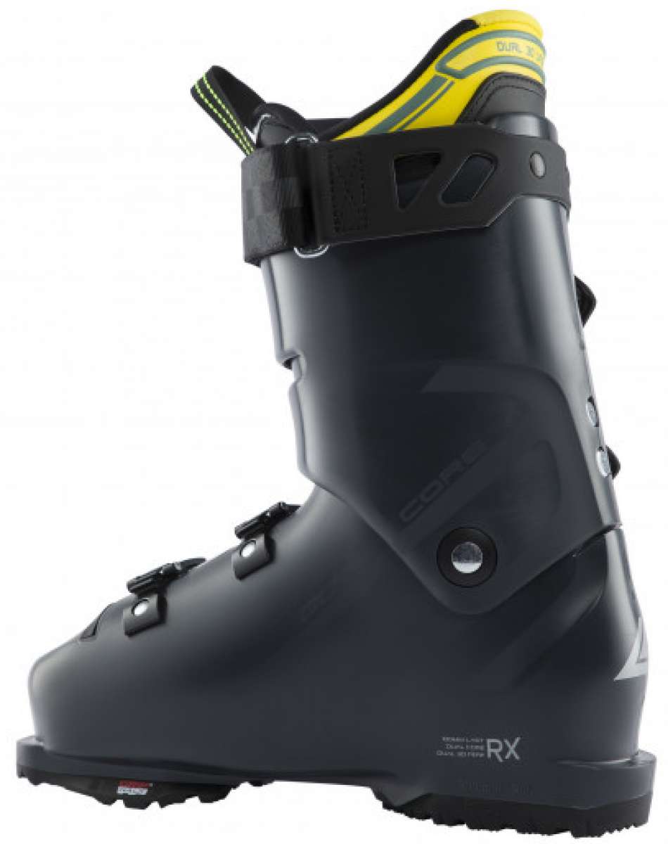 Lange RX 110 MV Ski Boot 2023 - A black ski boot with yellow accents on the tongue and a white logo.