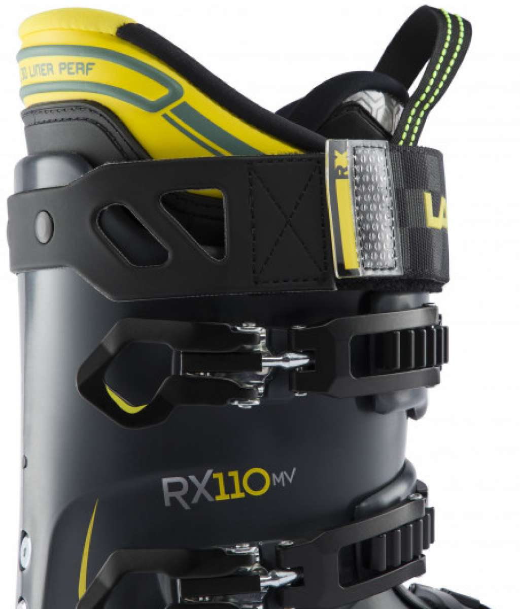 Lange RX 110 MV Ski Boot 2023 - Black ski boot with yellow accents and silver buckles.
