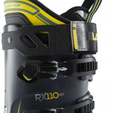 Lange RX 110 MV Ski Boot 2023 - Black ski boot with yellow accents and silver buckles.