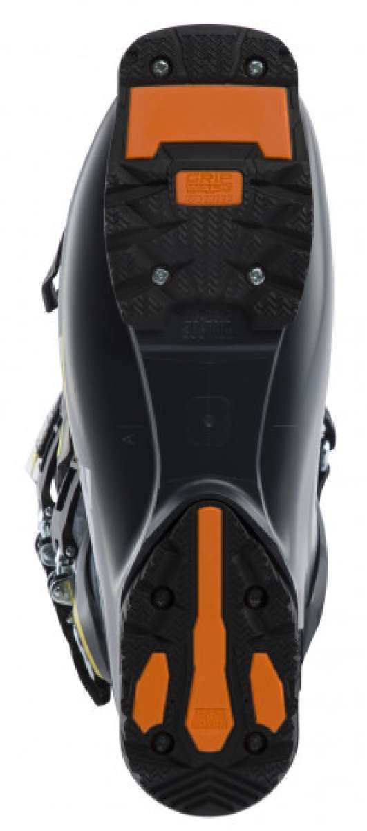 Lange RX 110 MV Ski Boot 2023 - Black ski boot with orange accents and silver screws on the sole.