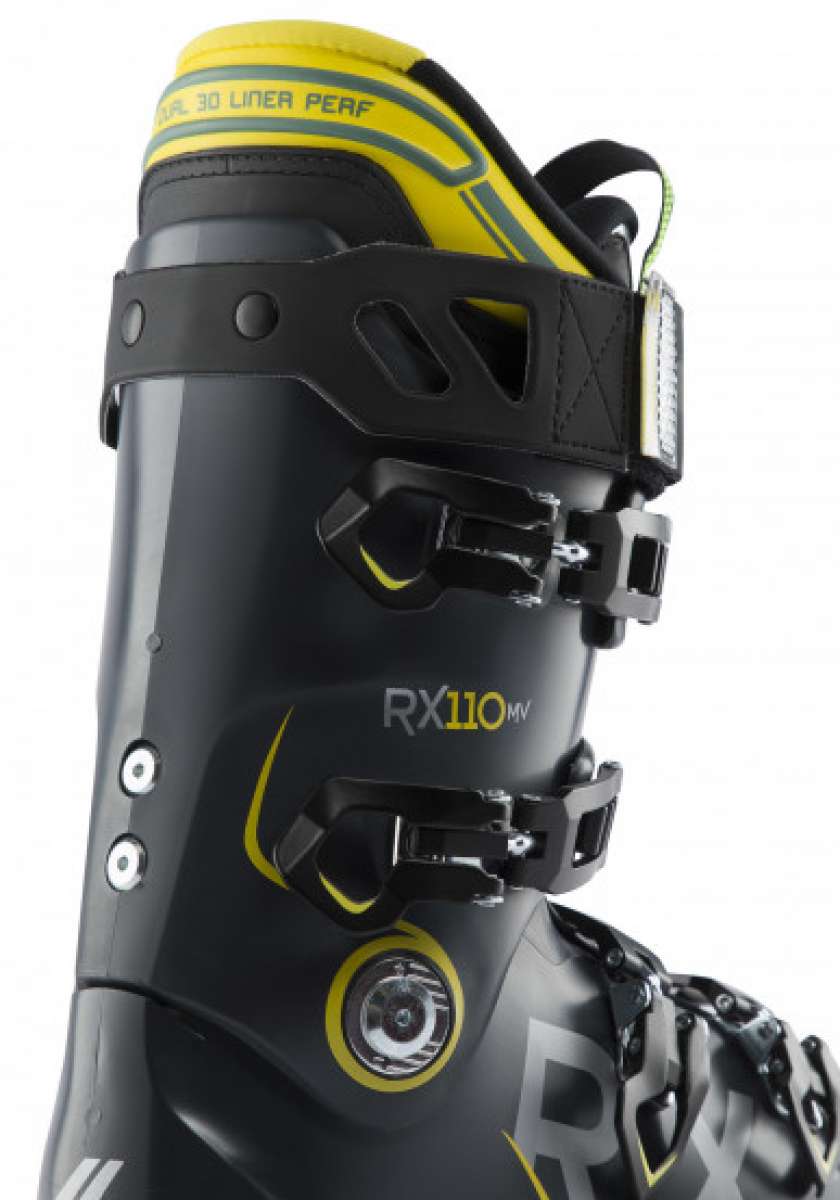 Lange RX 110 MV Ski Boot 2023 - Black ski boot with yellow accents and a silver buckle on the side.
