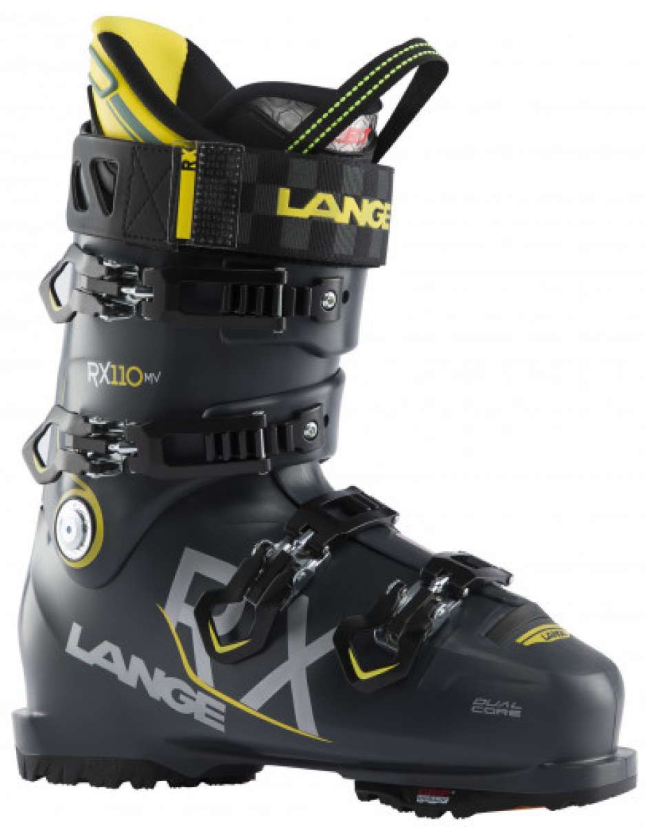 Lange RX 110 MV Ski Boot 2023 - Black ski boot with yellow accents and white lettering.