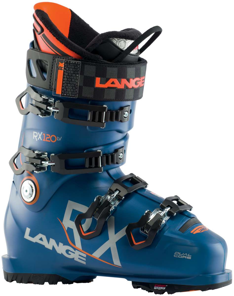 Lange RX 120 LV Ski Boot 2023 - A blue ski boot with orange accents and a black strap that says "LANGE" in orange letters.