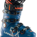 Lange RX 120 LV Ski Boot 2023 - A blue ski boot with orange accents and a black strap that says "LANGE" in orange letters.