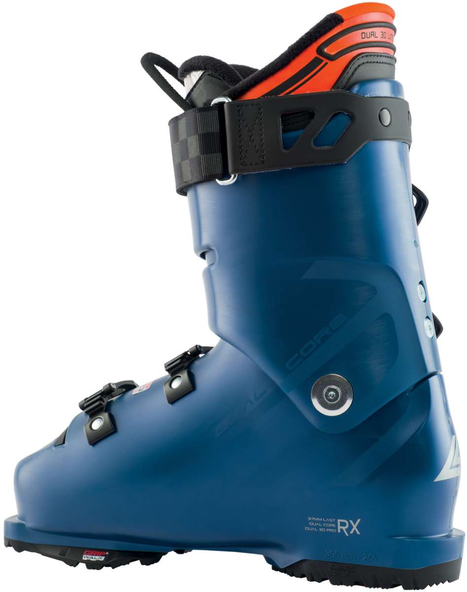 Lange RX 120 LV Ski Boot 2023 - A dark blue ski boot with a black strap and silver buckles.