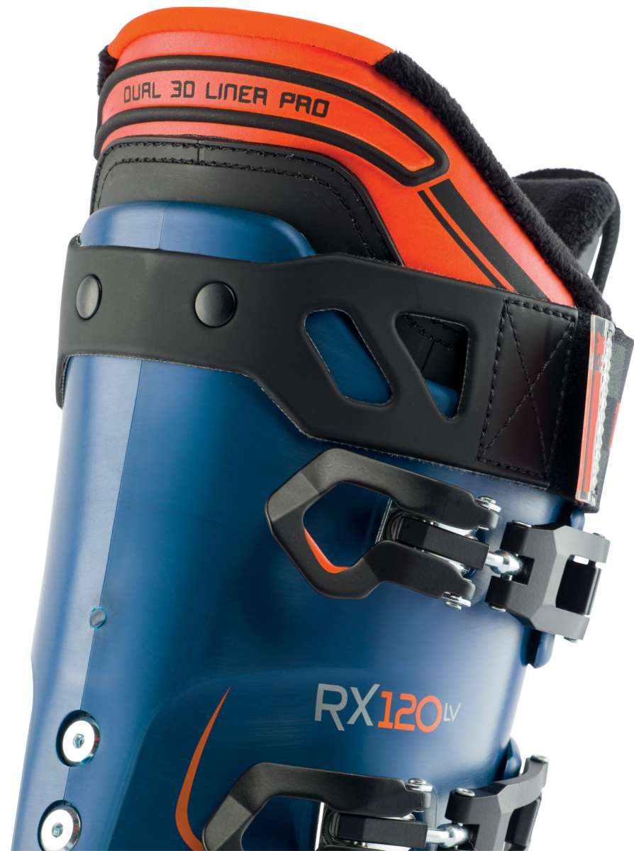 Lange RX 120 LV Ski Boot 2023 - A blue ski boot with orange accents and a black strap.