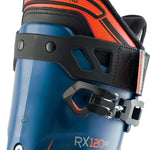 Lange RX 120 LV Ski Boot 2023 - A blue ski boot with orange accents and a black strap.